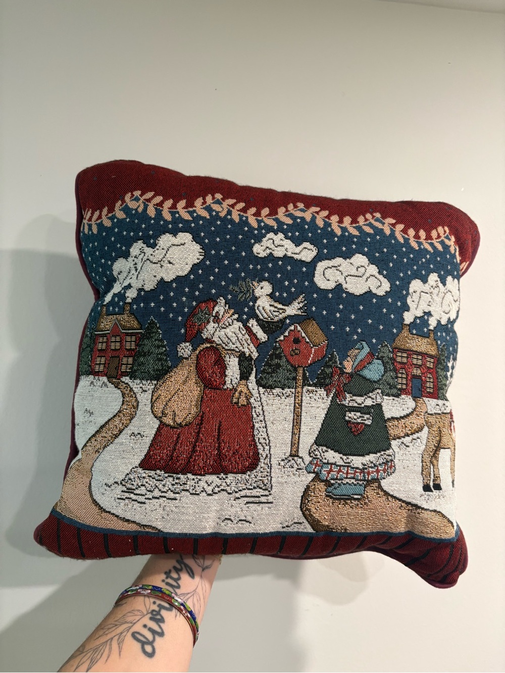 Vintage Needlepoint Christmas/Holiday Throw Pillow